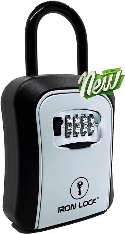 Iron Lock® - Key Lock Box Portable and Wall Mounted with Removable Shackle Indoor Outdoor Waterproof 4 Digit Combination with Resettable Code with a B Switch Key Lockbox for outside Hold 5 Spare Keys