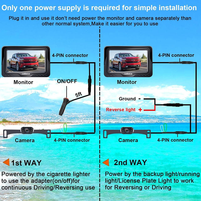 Leekooluu Backup Camera Rear View Monitor Kit HD 1080P for Car Truck Minivan Waterproof Night Vision DIY Grid Lines LK3