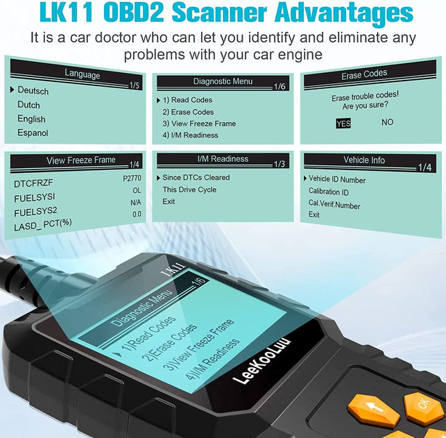 Leekooluu OBD2 Scanner Car Scan Diagnostic Tool Reset Clear Check Engine Code Reader for All OBD II Vehicles LK11