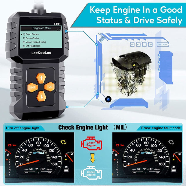 Leekooluu OBD2 Scanner Car Scan Diagnostic Tool Reset Clear Check Engine Code Reader for All OBD II Vehicles LK11