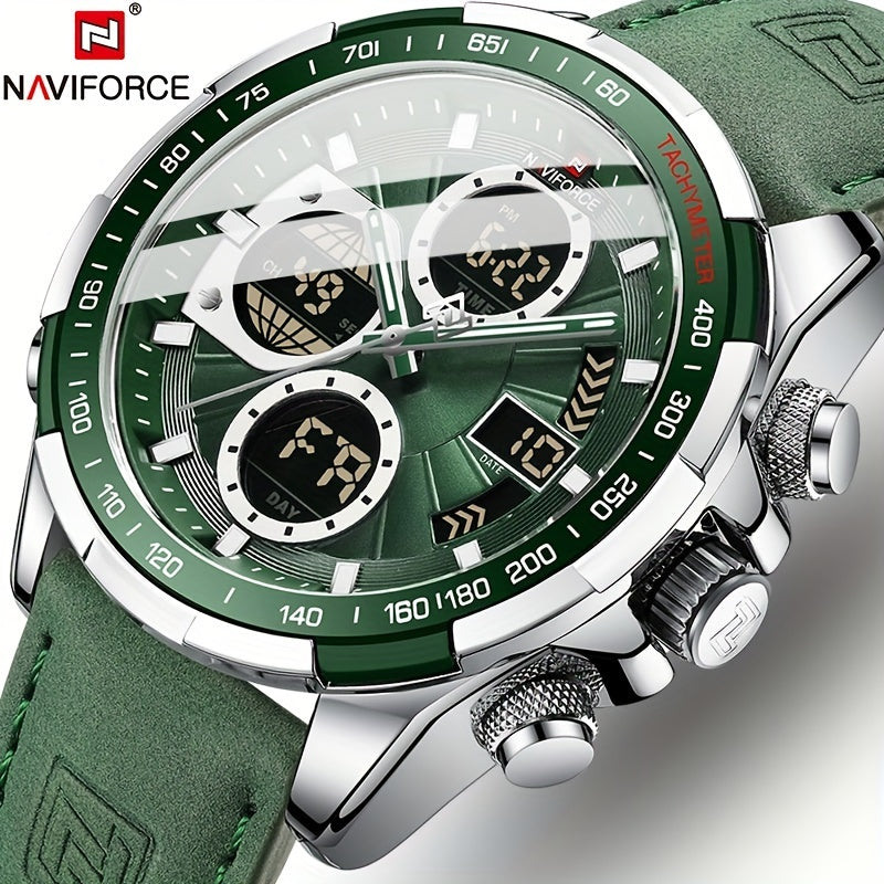 NAVIFORCE Multifunctional Electronic Mens Watch Genuine Leather Strap Waterproof Sports Digital Wrist Watch