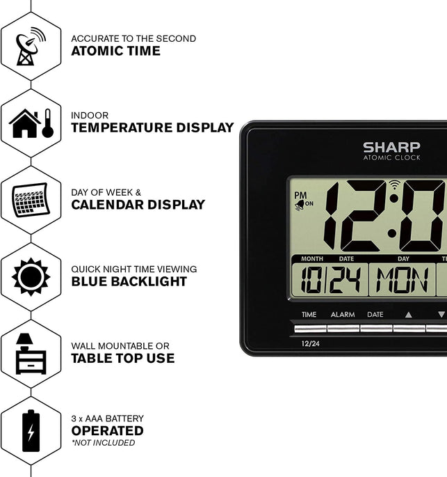 Sharp Atomic Desktop Clock – Auto Set Digital Alarm Clock - Atomic Accuracy - Easy to Read Screen with Time/Date/Temperature Display- Perfect for Nightstand or Desk