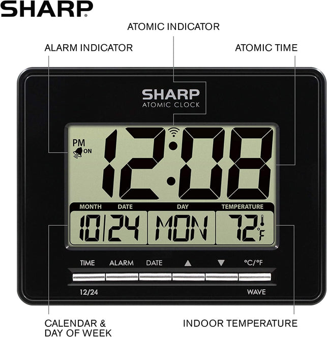 Sharp Atomic Desktop Clock – Auto Set Digital Alarm Clock - Atomic Accuracy - Easy to Read Screen with Time/Date/Temperature Display- Perfect for Nightstand or Desk