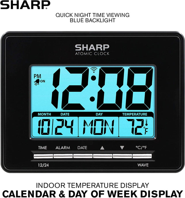 Sharp Atomic Desktop Clock – Auto Set Digital Alarm Clock - Atomic Accuracy - Easy to Read Screen with Time/Date/Temperature Display- Perfect for Nightstand or Desk