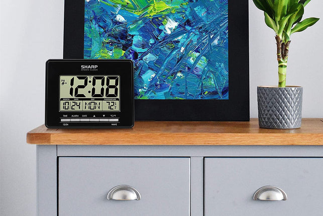 Sharp Atomic Desktop Clock – Auto Set Digital Alarm Clock - Atomic Accuracy - Easy to Read Screen with Time/Date/Temperature Display- Perfect for Nightstand or Desk