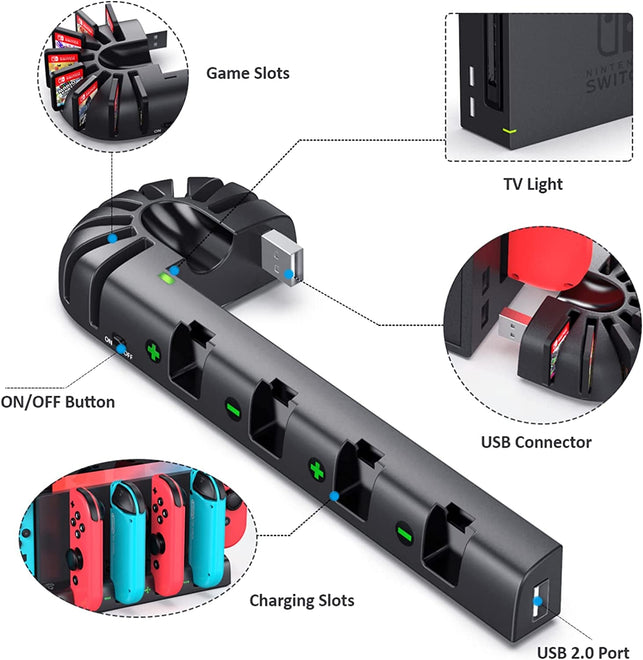 Switch Controller Charging Dock Station Compatible with Nintendo Switch & OLED Model Joycons, KDD Switch Controller Charger Dock Station with Upgraded 8 Game Storage for Nintendo Switch Joycon & Games
