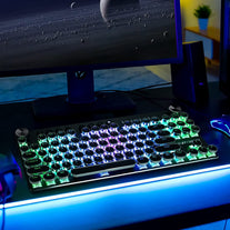 Wireless Typewriter Keyboard Mechanical TKL, 2.4G/Bt5.0/Wired WM87 Retro Vintage Gaming Keyboard Typewriter Style with Punk round Keycaps True RGB Backlit and 2 Control Knobs, Clicky Switch, Win/Mac
