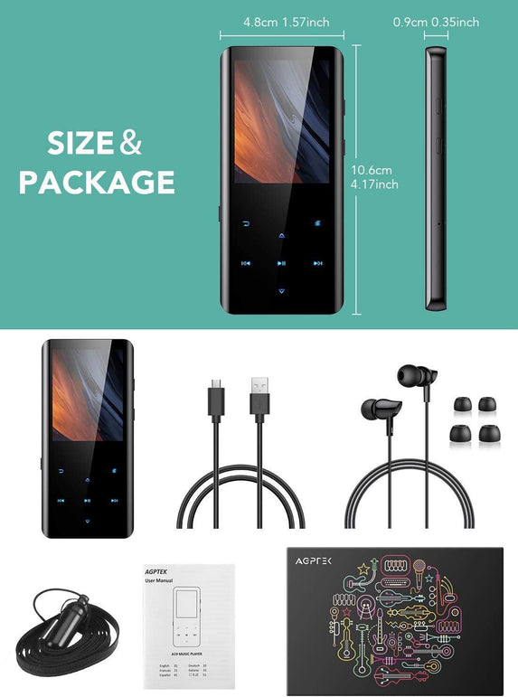 32GB MP3 Player with Bluetooth 5.0, AGPTEK 2.4" Curved Screen Music Player with Speaker Hifi Lossless Sound with FM Radio, Voice Recorder, Supports up to 128GB TF Card- Headphones Included,Black - The Gadget Collective