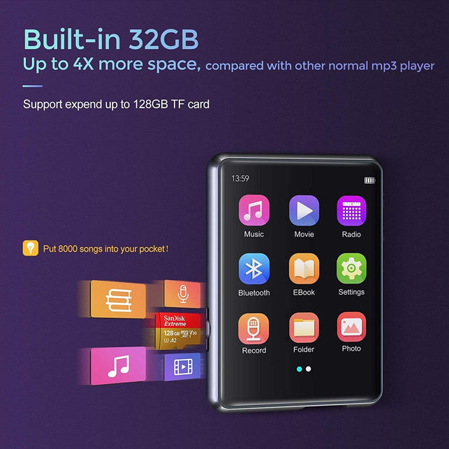 32GB MP3 Player with Bluetooth 5.0, Joliker Hifi Lossless Sound MP3 Music Player with 2.4 Inch Full Touchscreen, Built-In Speaker, Line-In Voice Recorder, FM Radio, E-Book, Support up to 128 GB - The Gadget Collective