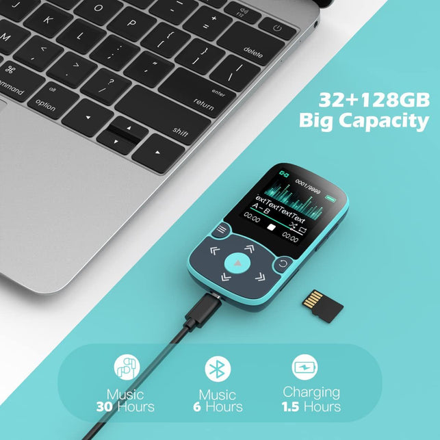 32GB MP3 Player with Clip,Agptek Bluetooth 5.0 Lossless Sound with FM Radio, Voice Recorder for Sport Running, Supports up To128Gb TF Card,Blue - The Gadget Collective