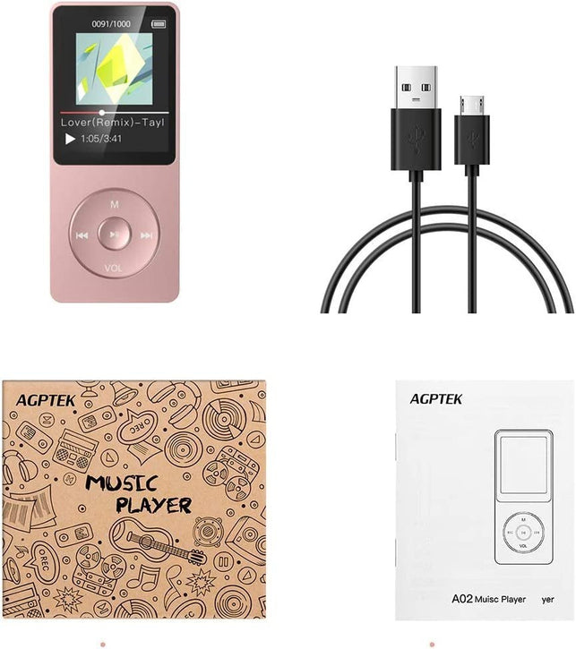 AGPTEK 8GB MP3 Player, A02 70 Hours Playback Lossless Sound Music Player (Supports up to 128GB), Rose Gold - The Gadget Collective