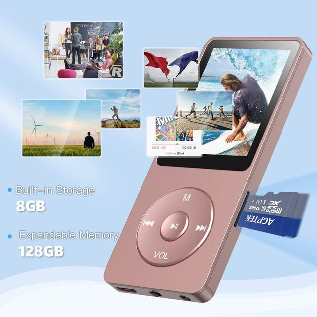 AGPTEK 8GB MP3 Player, A02 70 Hours Playback Lossless Sound Music Player (Supports up to 128GB), Rose Gold - The Gadget Collective