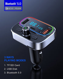 Bluetooth FM Transmitter for Car Wireless Radio Adapter Kit, Hands-Free Calling Dual Microphone, Car USB Charger QC 3.0 & PD 20 W for All Smartphones Audio Players, Supports TF/SD Card and USB Disk - The Gadget Collective