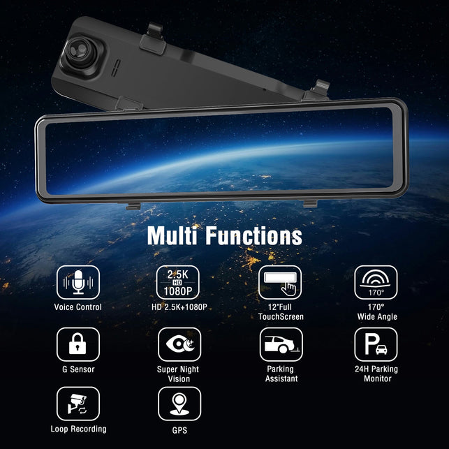 Campark R12 12" Mirror 2.5K GPS Front Rear Dual Dash Cam Car DVR Camera Night Vision - The Gadget Collective