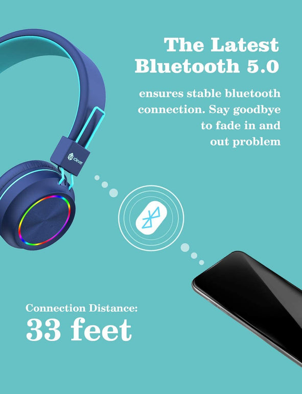 Iclever BTH03 Kids Headphones, Colorful LED Lights Kids Wireless Headphones with MIC, 25H Playtime, Stereo Sound, Bluetooth 5.0, Foldable, Childrens Headphones on Ear for Study Tablet Airplane, Blue - The Gadget Collective