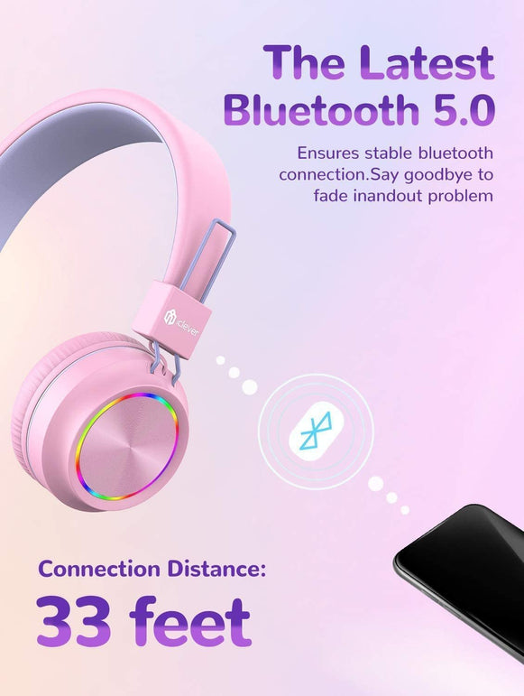 Iclever BTH03 Kids Wireless Headphones, Colorful LED Lights Kids Headphones with MIC, 25H Playtime, Stereo Sound, Bluetooth 5.0, Foldable, Childrens Headphones on Ear for Study Tablet Airplane, Pink - The Gadget Collective