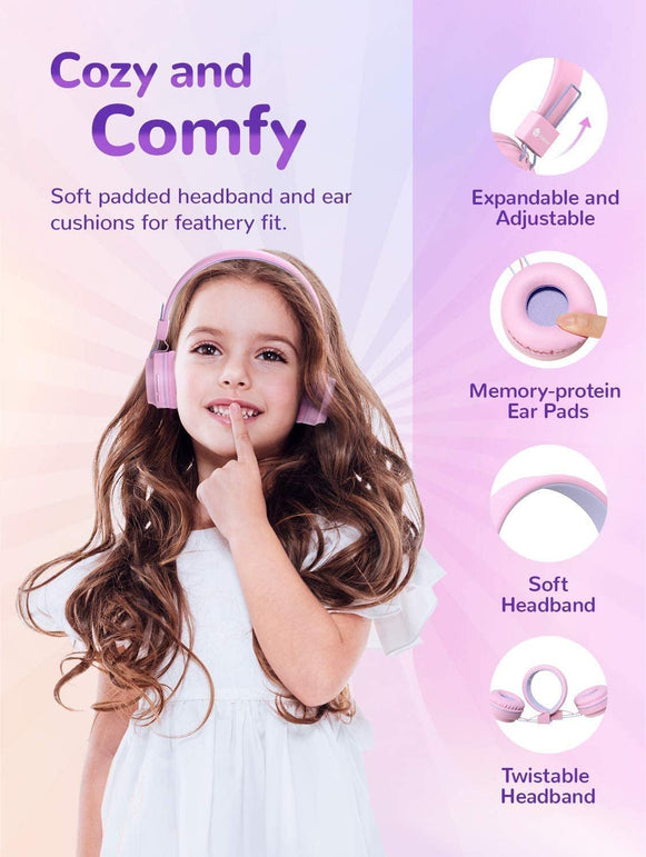 Iclever BTH03 Kids Wireless Headphones, Colorful LED Lights Kids Headphones with MIC, 25H Playtime, Stereo Sound, Bluetooth 5.0, Foldable, Childrens Headphones on Ear for Study Tablet Airplane, Pink - The Gadget Collective