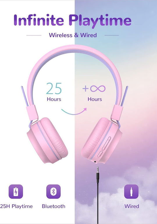 Iclever BTH03 Kids Wireless Headphones, Colorful LED Lights Kids Headphones with MIC, 25H Playtime, Stereo Sound, Bluetooth 5.0, Foldable, Childrens Headphones on Ear for Study Tablet Airplane, Pink - The Gadget Collective
