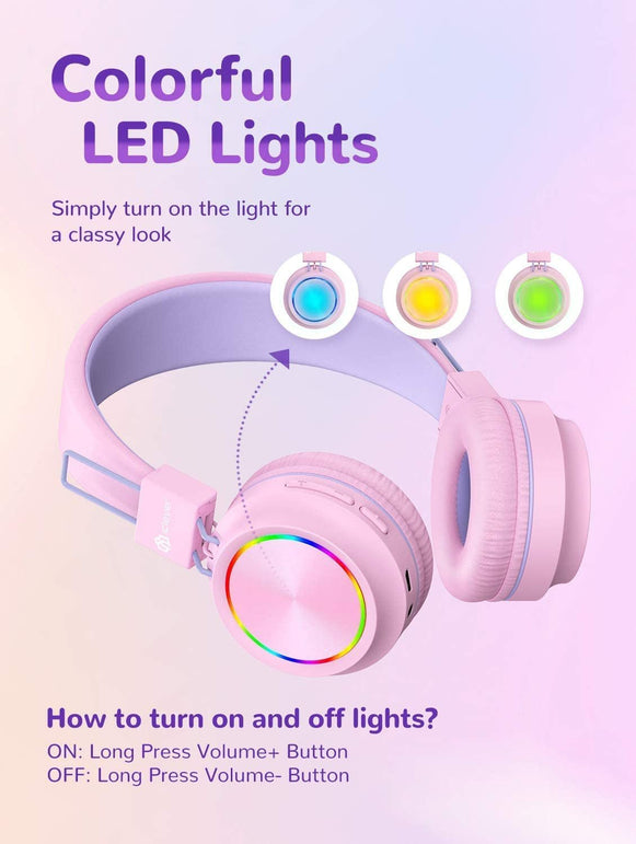 Iclever BTH03 Kids Wireless Headphones, Colorful LED Lights Kids Headphones with MIC, 25H Playtime, Stereo Sound, Bluetooth 5.0, Foldable, Childrens Headphones on Ear for Study Tablet Airplane, Pink - The Gadget Collective