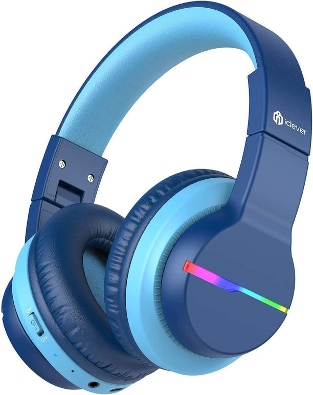 Iclever BTH12 Wireless Kids Headphones, Colorful LED Lights Kids Headphones with 74/85/94Db Volume Limited over Ear, 55H Playtime, Bluetooth 5.2, Built-In Mic for School/Tablet/Pc/Airplane, Blue - The Gadget Collective