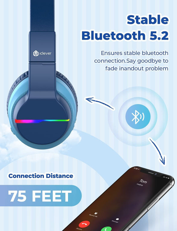 Iclever BTH12 Wireless Kids Headphones, Colorful LED Lights Kids Headphones with 74/85/94Db Volume Limited over Ear, 55H Playtime, Bluetooth 5.2, Built-In Mic for School/Tablet/Pc/Airplane, Blue - The Gadget Collective