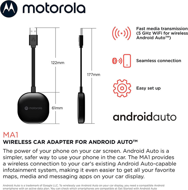 Motorola MA1 Wireless Android Auto Car Adapter - Instant Connection from Smartphone to Car Screen with Easy Setup - Direct Plug-In USB Adapter - Secure Gel Pad Included - The Gadget Collective