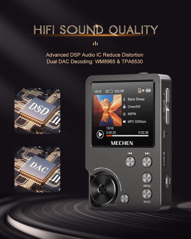 MP3 Player, MECHEN Lossless DSD High Resolution Portable Digital Audio Music Player with 64GB Memory Card, Hifi Lossless Audio Player,Support up to 256GB - The Gadget Collective