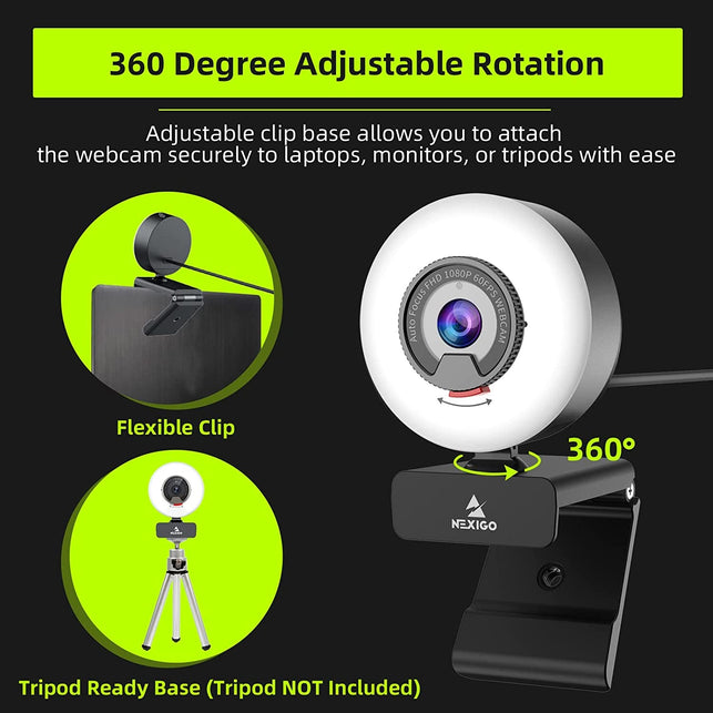 Nexigo N960E 1080P 60FPS Webcam with Light, Software Included, Fast Autofocus, Built-In Privacy Cover, USB Web Camera, Dual Stereo Microphone, for Zoom Meeting Skype Teams Twitch - The Gadget Collective