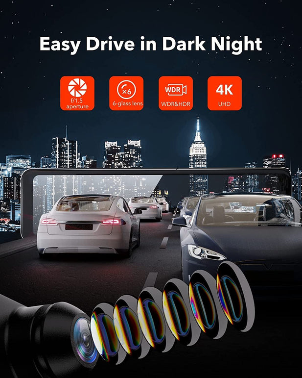 REDTIGER Mirror Dash Cam Backup Camera 11''UHD 4K Front and 1080P Rear View Mirror Dual Cameras for Cars,Gps,Night Vision,Smart Reverse Parking Assistance,Touchscreen,Free 32GB Card - The Gadget Collective