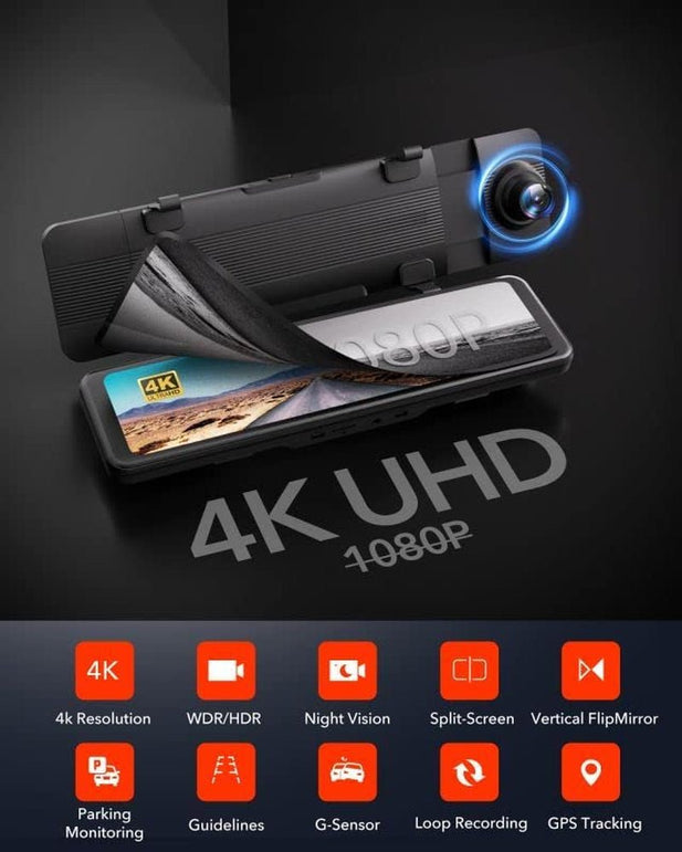 REDTIGER Mirror Dash Cam Backup Camera 11''UHD 4K Front and 1080P Rear View Mirror Dual Cameras for Cars,Gps,Night Vision,Smart Reverse Parking Assistance,Touchscreen,Free 32GB Card - The Gadget Collective