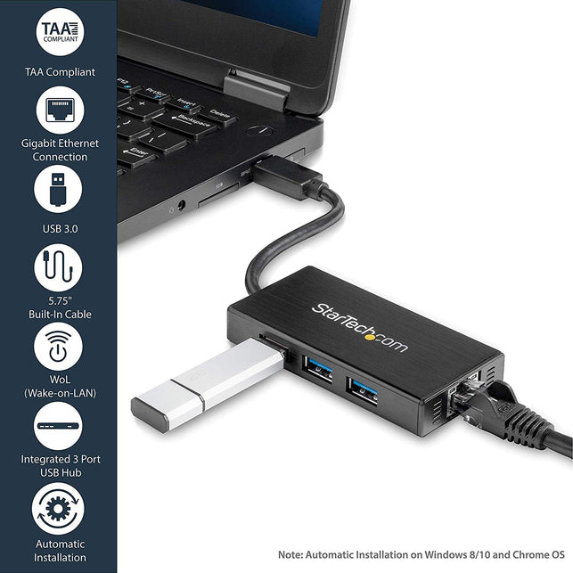 StarTech USB 3.0 Hub Gigabit Ethernet Adapter 3 Port NIC USB Network Adapter USB Ethernet Dongle - USB Lan Adapter - The Gadget Collective