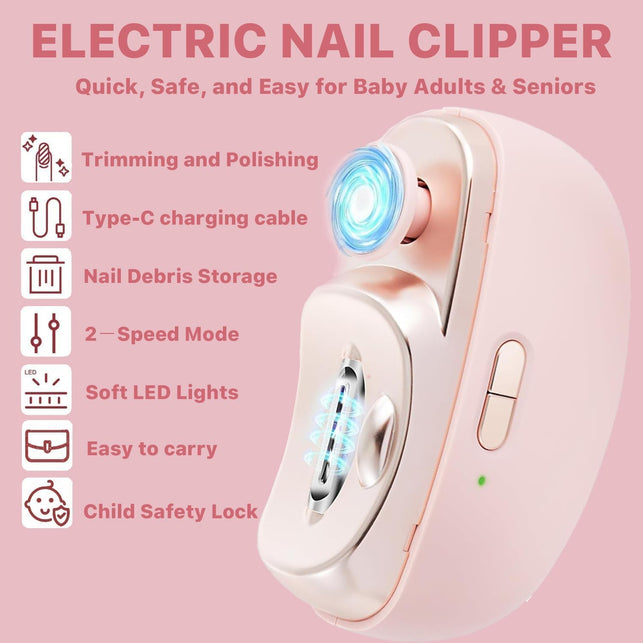 Electric Nail Clipper with LED Light, 2-Speed Automatic Nail Trimmer and Polisher, USB-C Charging, Child Safety Lock for Babies, Adults, Seniors, Pink