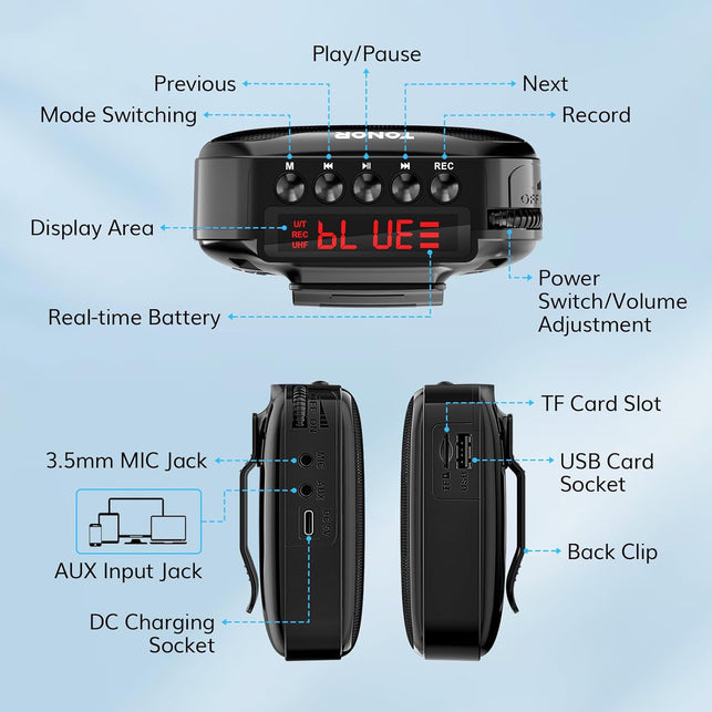 TONOR Voice Amplifier for Teachers, 15W Bluetooth Voice Amplifier with Wireless Headset Mic, Portable Megaphone Speaker Rechargeable PA System 82Ft for Teaching, Speaking, Fitness Instructors K11