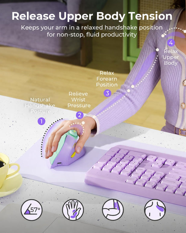 Seenda Ergonomic Mouse Rechargeable, Vertical Wireless Mouse with Volume Knob, Quiet Clicks, 3 Device Connection (Bluetooth or USB), Optical Mice for Windows, Pc/Mac- Purple