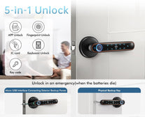 Fingerprint Door Knob, Full Function 5-In-1 Smart Door Knob, Fingerprint Door Lock for Bedroom, Office, Hotel, Pantry, Fingerprint Door Handle, Tuya App, 2 IC Card