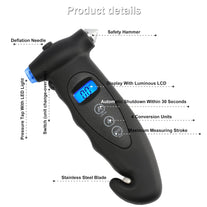 JUSTTOP Digital Tire Pressure Gauge, with Safety Hammer Multi-Function LCD Digital Display Car Tire Pressure Sensing System, Car Window Breaker, Seatbelt Cutter, Black