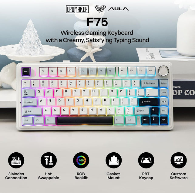 EPOMAKER X Aula F75 Gasket Mechanical Keyboard, 75% Wireless Hot Swappable Gaming Keyboard with Five-Layer Padding&Knob, Bt/2.4Ghz/Usb-C, RGB (Light Blue, LEOBOG Reaper Switch)