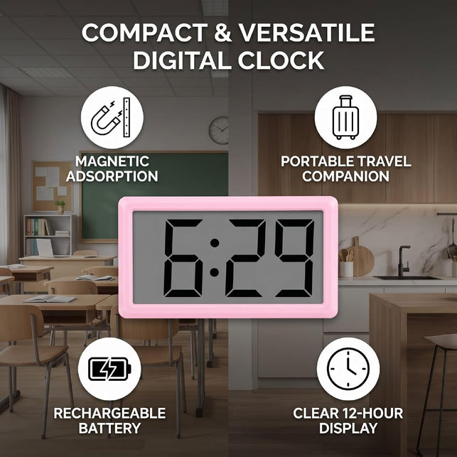 SENECESLI Small Magnetic Digital Clock, 3.3In Screen Travel Clock for Car, Compact Battery Operated for Bedroom, 12 Hour Display with Stand for Classroom (Pink)