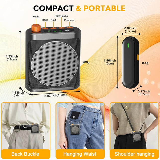 Voice Amplifier Wireless Microphone for Teachers/Classroom/Yoga/Meeting,Portable Bluetooth Speaker with 2Pcs Clip-On Magnetic Wireless Lavalier Lapel Microphones Mini Megaphone Speaker PA System Black