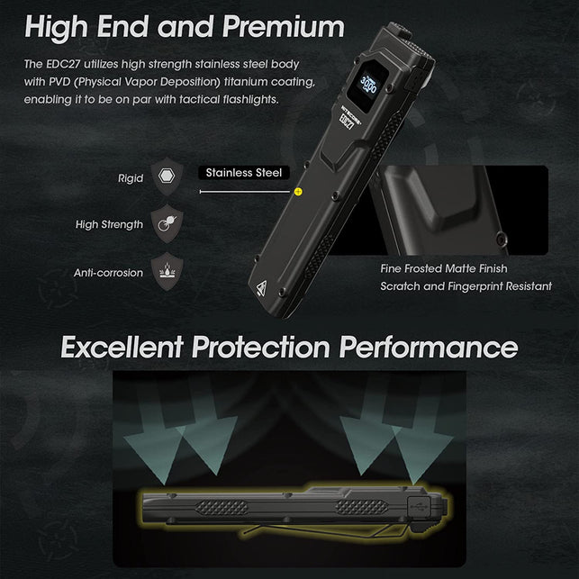 Nitecore EDC27 3000 Lumen Flat EDC Flashlight, USB-C Rechargeable High Performance Slim Compact Pocket Light with Digital Display and Lumentac Case