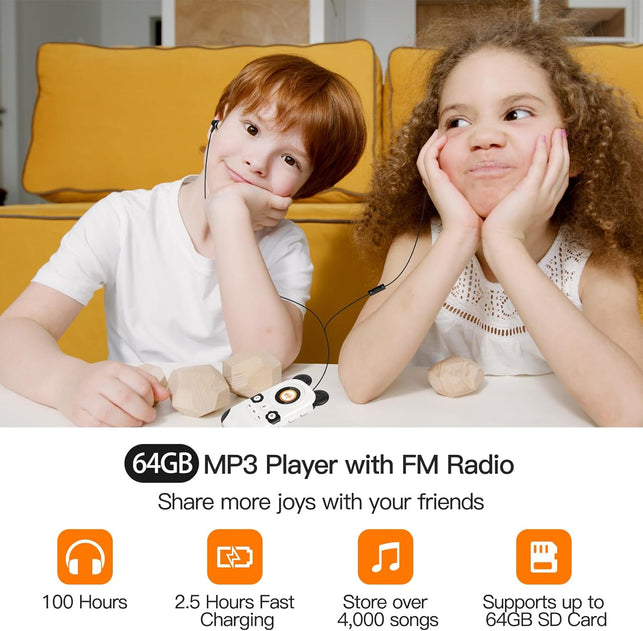 RUIZU 64GB Cute Panda MP3 Player for Kids, Bluetooth 5.3, Built-In Speaker