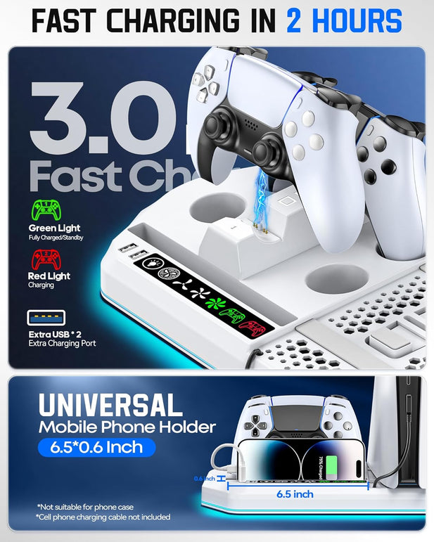 Cooling Station with Controller Charger for Ps5/Slim/Pro, Playstation 5 Vertical Stand for Disc & Digital Console, Dual PS 5 Controller Charging Station with 3 Level Cooling Fan, PS5 Accessory Kit