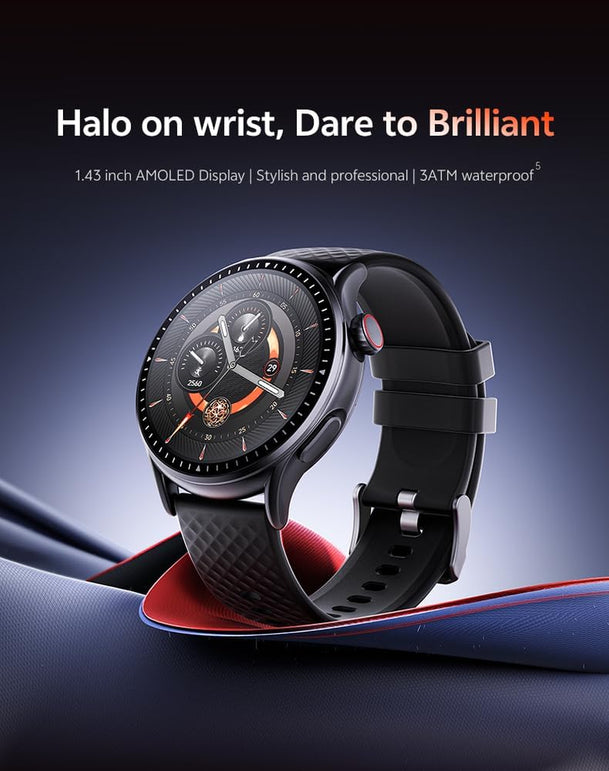 GTR3 Aura Smart Watch Black, 1.43” AMOLED HD Display, Bluetooth Calling, Remote Camera Control, Voice Assistance, Compatible with Android/Ios, 100+ Sports Modes, Waterproof 3 ATM.