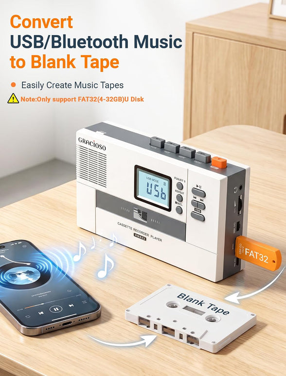 Gracioso Bluetooth Cassette to MP3 Converter with 2000Mah Battery Bluetooth Transmitter & Receiver | Cassette Tape Player with 6W Speaker | Cassette to MP3 via Usb/Tape | 3.5Mm Earphone Jack