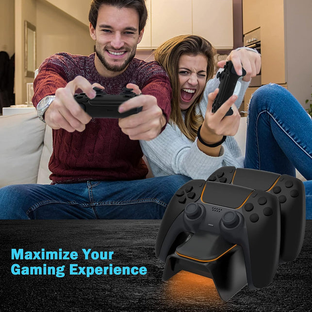 Nexigo Enhanced PS5 Controller Charger with Thumb Grip Kit, Fast Charging AC Adapter, Dualsense Charging Station Dock for Dual Playstation 5 Controllers with LED Indicator, Black