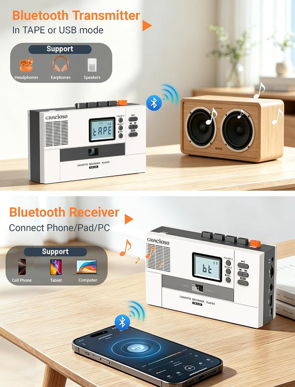 Gracioso Bluetooth Cassette to MP3 Converter with 2000Mah Battery Bluetooth Transmitter & Receiver | Cassette Tape Player with 6W Speaker | Cassette to MP3 via Usb/Tape | 3.5Mm Earphone Jack