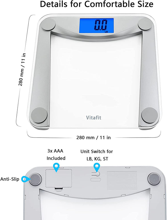 Vitafit Digital Bathroom Scale for Body Weight,Weighing Professional since 2001,Extra Large Blue Backlit LCD and Step-On, Batteries Included, 400Lb/180Kg,Clear Glass,Silver