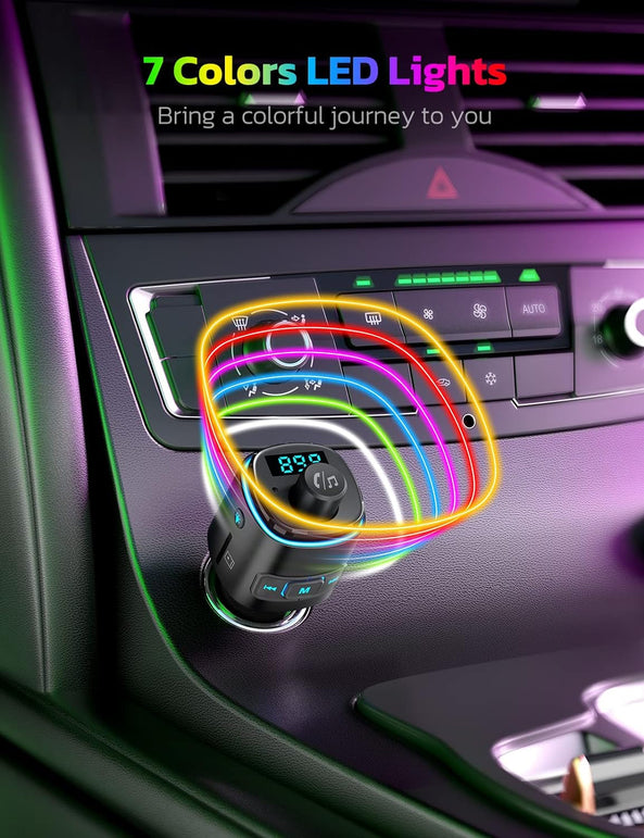 Nulaxy Bluetooth FM Transmitter for Car, QC3.0 Fast Charge Bluetooth Car Adapter, Wireless Radio Car Kit with 7 Color LED Backlit, Support Hands-Free Calls, USB Flash Drive, Microsd Card (B- Black)