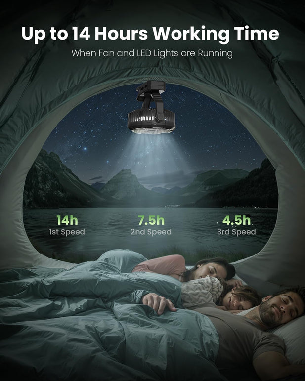 Gaiatop Portable Camping Fan with LED Lantern, 360°Rotation and Clip on for Desk, 4000Mah USB Rechargeable Battery Powered, Digital Display and Hanging Hook for Tent Outdoor Travel Black