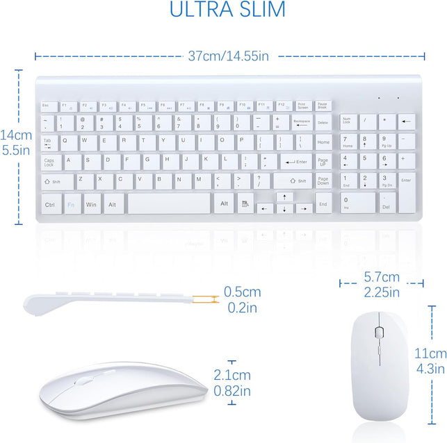 Topmate Wireless Keyboard and Mouse Ultra Slim Combo, 2.4G Silent Compact USB Mouse and Scissor Switch Keyboard Set with Cover, 2 AA and 2 AAA Batteries, for Pc/Laptop/Windows/Mac - White